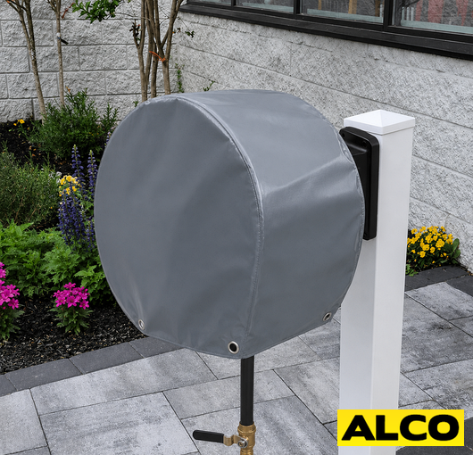 UV resistant cover fitted over an outdoor hose reel cart to protect it from sun and weather year round.