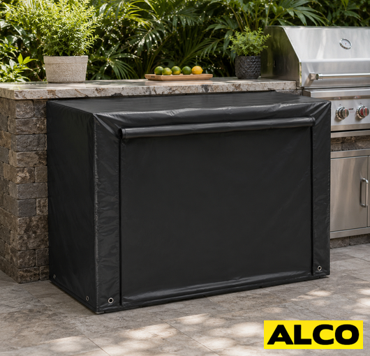 A UV-resistant protective cover fitted over an outdoor wine refrigerator for year-round weather protection.