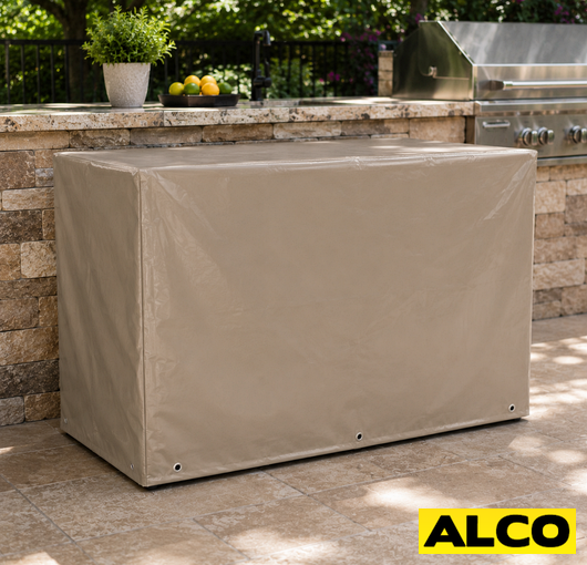 A custom-fit cover with vented panels installed over a built-in wine cooler to protect it when not in use.