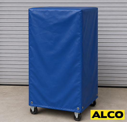 A custom-fit fabric cover with hook and loop closure fitted over a roll cage cart in a warehouse or retail setting.