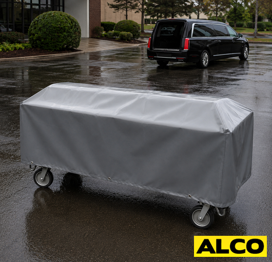 Custom fit vinyl cadaver cart cover with an elastic hem stretched over a mortuary transport cart.