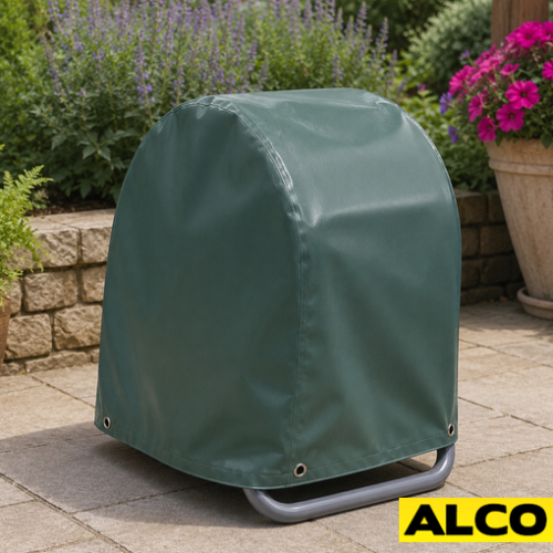 Custom size wall mounted hose reel cover with a drawstring closure installed on an exterior or industrial wall.