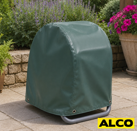 Custom size wall mounted hose reel cover with a drawstring closure installed on an exterior or industrial wall.