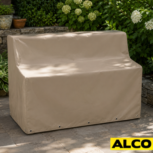 A rainproof cover with breathable vents fitted over an outdoor mud kitchen to protect it from weather.