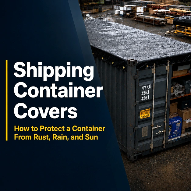 A heavy-duty cover fitted over a shipping container to protect its contents from weather and outdoor exposure.