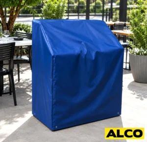 A heavy duty blue weatherproof cover fitted over an outdoor condiment station to protect it from the elements.