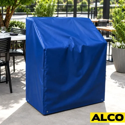 A heavy duty blue weatherproof cover fitted over an outdoor condiment station to protect it from the elements.