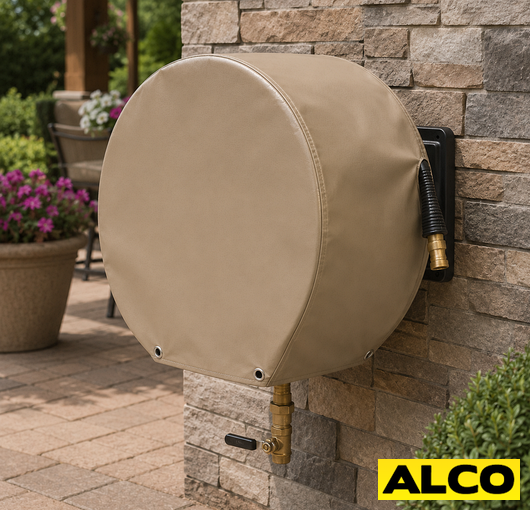 Heavy duty cover for a retractable hose reel with vented panels to allow airflow in an industrial setting.