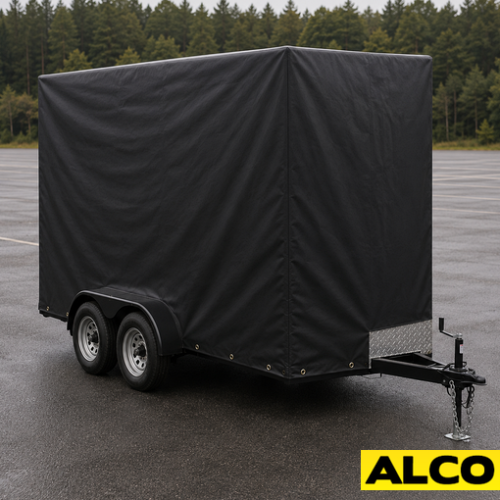 Heavy duty tarp cover with tie down straps fitted over a vending trailer for weather protection during transport or storage.