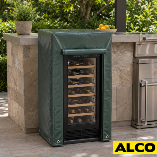 Heavy duty weatherproof cover with zipper access fitted over a wine refrigerator for outdoor or storage protection.