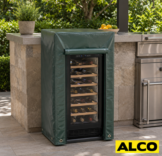 Heavy duty weatherproof cover with zipper access fitted over a wine refrigerator for outdoor or storage protection.