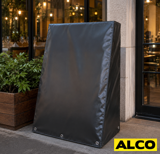 A padded waterproof cover fitted over a mirror photo booth to protect it during transport.
