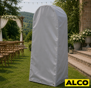 A protective dust cover fitted over a selfie mirror booth to shield it during storage.