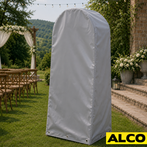 A protective dust cover fitted over a selfie mirror booth to shield it during storage.