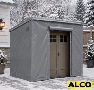 Reinforced outdoor shed cover with tie-down straps securing a storage shed against weather exposure.