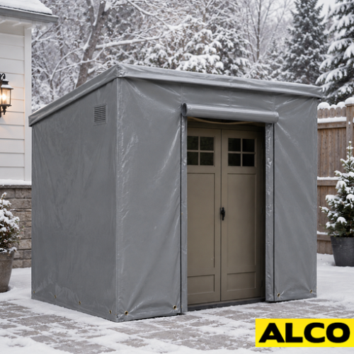 Reinforced outdoor shed cover with tie-down straps securing a storage shed against weather exposure.