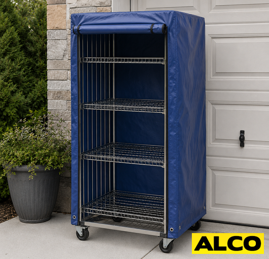 A reinforced roll cage cover with reflective safety trim, used to protect contents during warehouse transport.