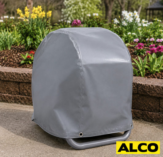 A waterproof cover protecting an outdoor garden hose reel from weather exposure.