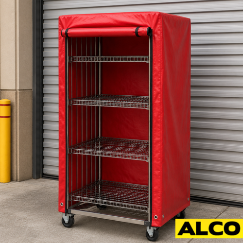 A weatherproof cover fitted over a roll container to protect contents during outdoor transport.