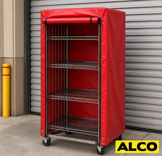 A weatherproof cover fitted over a roll container to protect contents during outdoor transport.
