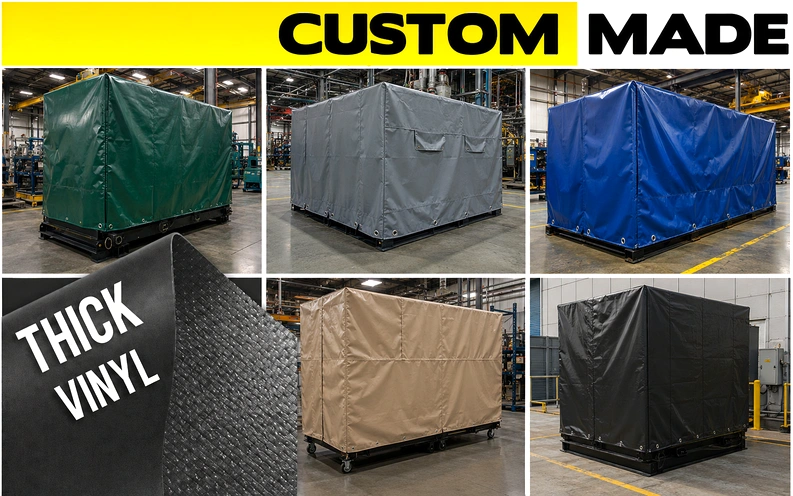 Large heavy-duty outdoor storage covers protecting industrial equipment or materials stored outside at a commercial facility.