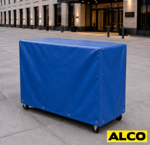 PVC vinyl cover draped over a mobile beverage station to protect equipment and supplies in a commercial setting.