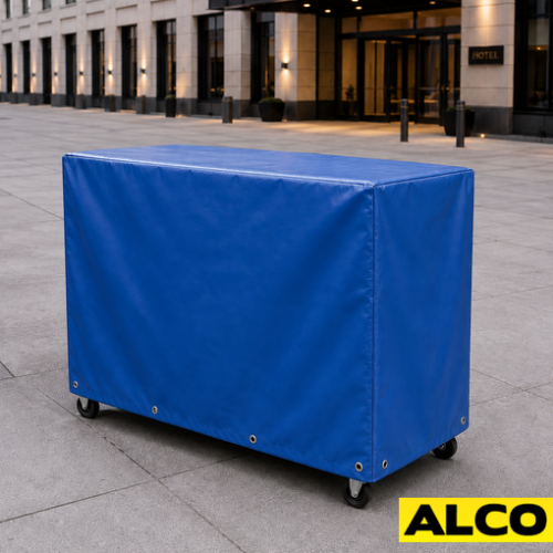 PVC vinyl cover draped over a mobile beverage station to protect equipment and supplies in a commercial setting.