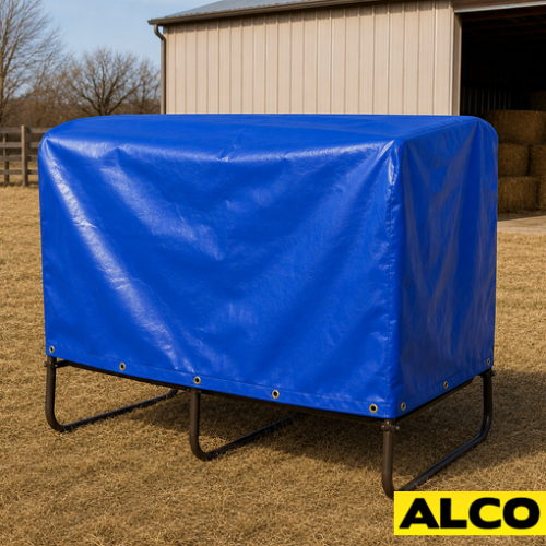 Waterproof cover fitted over an outdoor hay feeder to protect stored hay from rain and moisture.