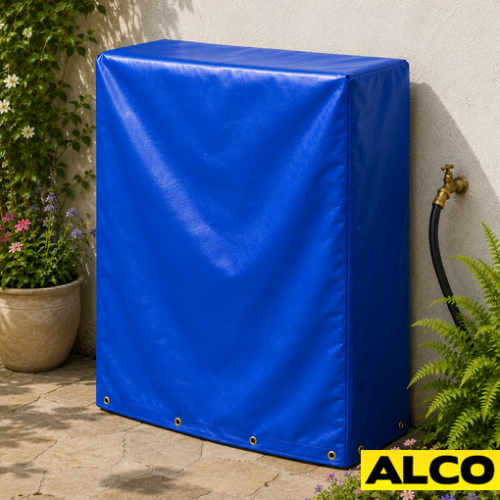 ALCO outdoor plant shelf cover protecting a commercial shelving unit used for nursery or garden center plant displays.