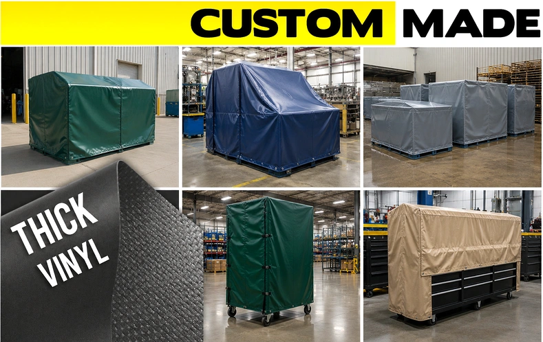 Custom made industrial storage covers protecting large equipment and materials in a warehouse or outdoor storage area.