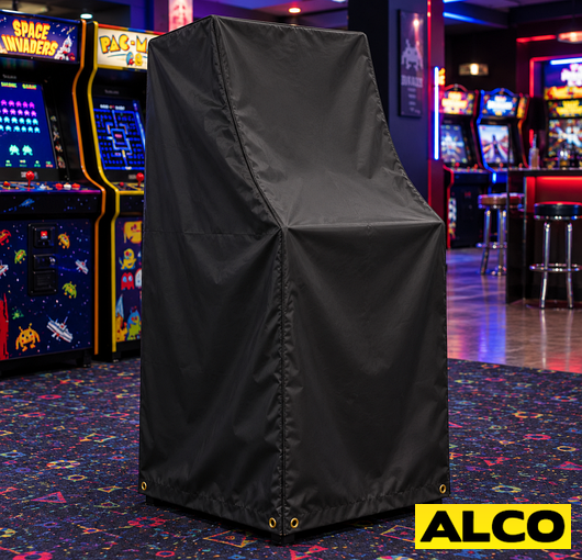 Heavy-duty protective covers fitted over arcade machines in a commercial or storage setting.
