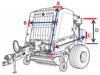 Industrial baler cover measurement diagram, sides A to D