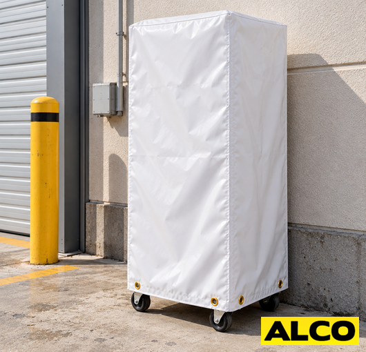 Heavy-duty cover fitted over an emergency spill response cart in an industrial facility.