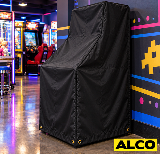 Heavy-duty cover fitted over a pinball machine to protect it from dust and damage during storage or transport.