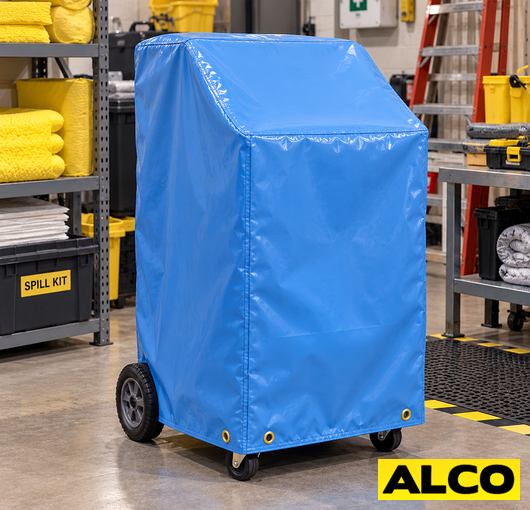 Alco spill kit cart cover fitted over an industrial cart used to store and transport spill response supplies.
