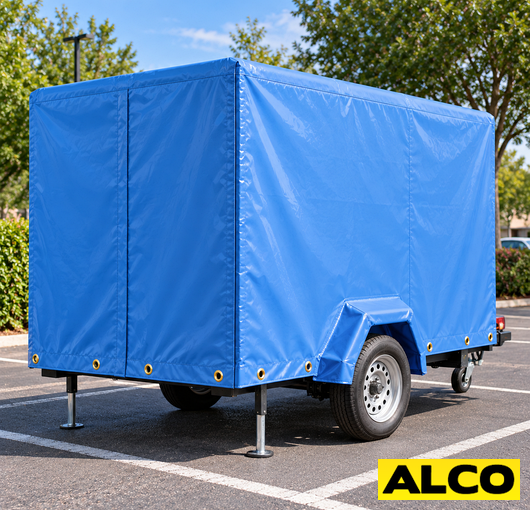 Heavy-duty covers fitted over trailer storage boxes to protect contents from weather and road debris.