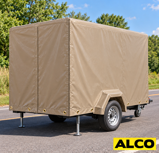 Heavy-duty cover fitted over a trailer tongue box to protect tools and equipment from weather and road debris.