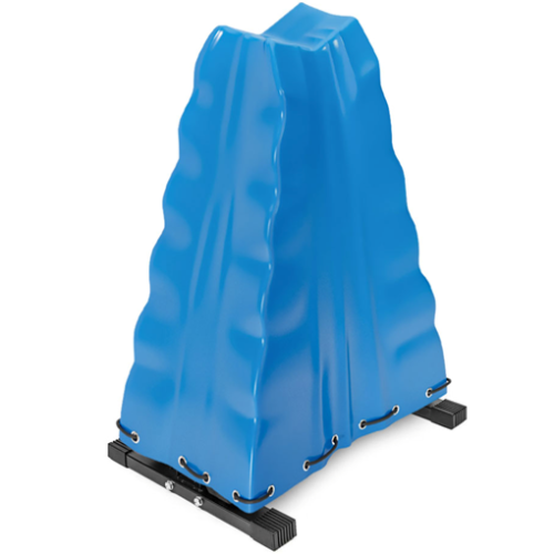 Heavy-duty cover fitted over a kettlebell rack in a gym or fitness facility storage area.