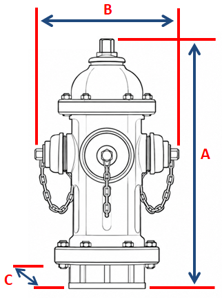 Fire hydrant cover diagram showing height A, width B and depth C