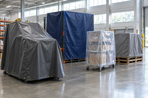 Gray, navy blue and clear custom vinyl covers protecting a machine, pallet rack, cart and pallets in a warehouse