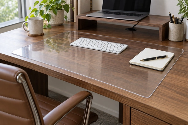 Clear custom-cut PVC sheet on a desk work area with keyboard and notebook