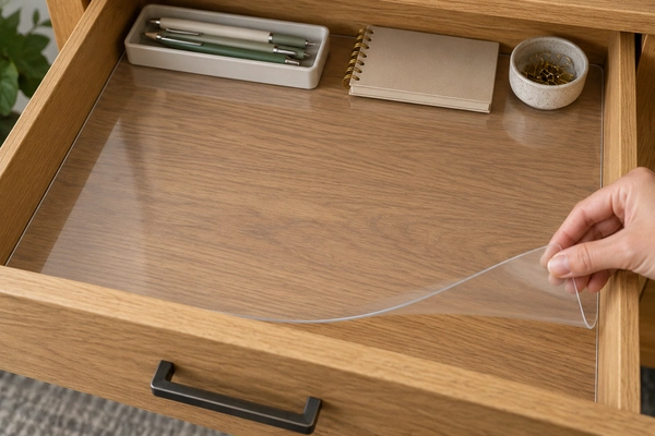 Flexible clear PVC liner fitted to a wooden drawer base with one corner lifted