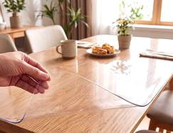 Hand lifting a clear PVC protector cut to fit a wooden dining table