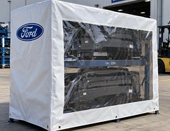 A custom rack cover product card showing an industrial storage rack fitted with a protective tarp or cover.