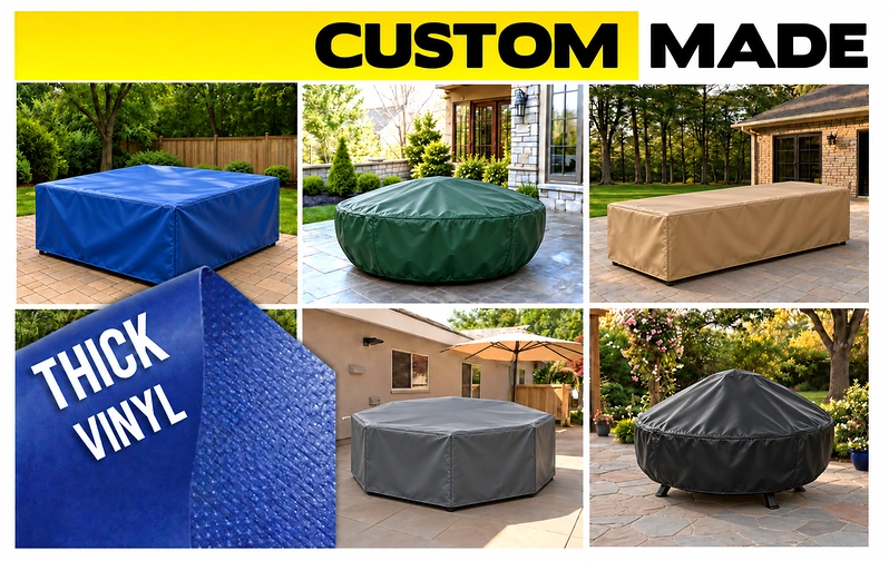 Custom made vinyl covers on square, round, rectangular and octagon fire pits and fire tables, with a close-up of thick vinyl