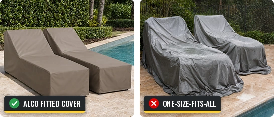 ALCO fitted lounge chair covers next to baggy one-size-fits-all covers pooling water by a pool