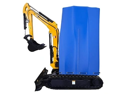 Blue vinyl cover over the cab of a yellow mini excavator
