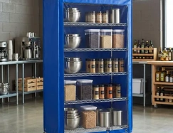 Blue vinyl cover with a clear front over a mobile wire shelving unit in a kitchen