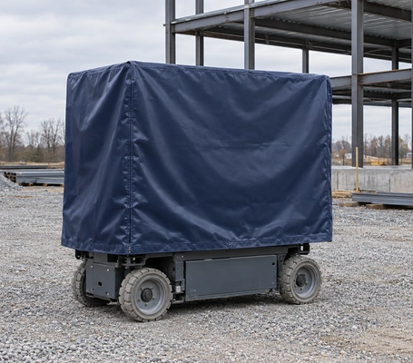 Navy blue custom vinyl cover over a slab scissor lift parked on a construction site