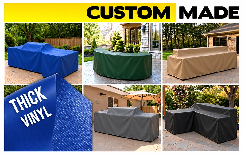 Custom made vinyl covers on outdoor grill islands, a curved bar and L-shaped outdoor kitchens, with a close-up of thick vinyl